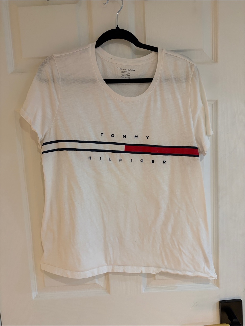 Tommy Hilfiger White Tee with Navy and Red Stripe Logo